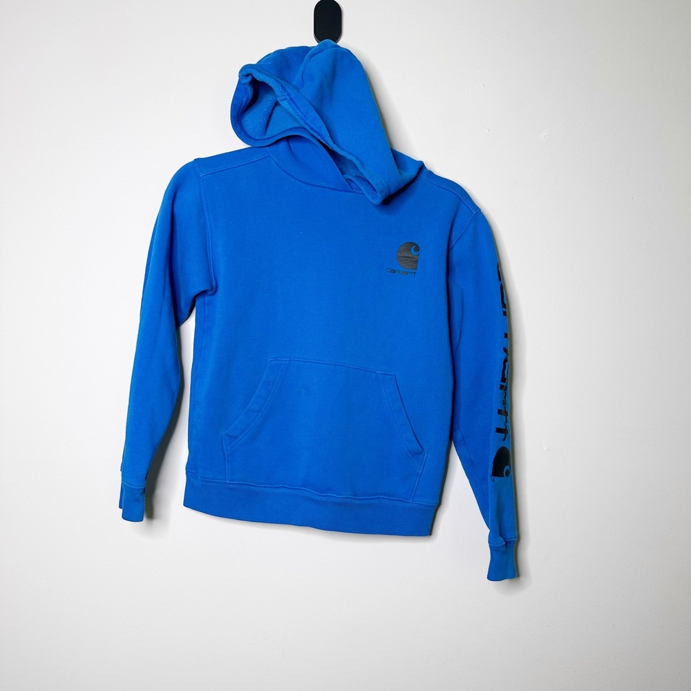 Carhartt Hoodie Kids Medium 10-12 Blue Excellent Graphic Sleeve Logo Outdoors